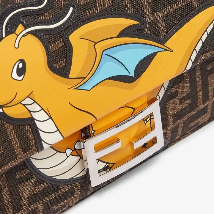 Cheap In Yellow Dragon Pokmon Baguette Motif Medium Brown Fabric FF Fendi Bag 0430